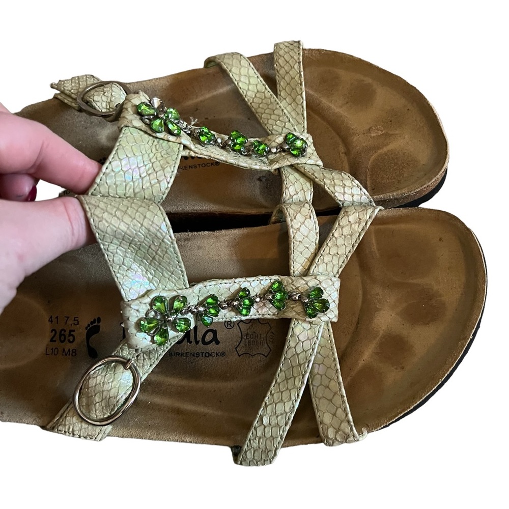 Birkenstock Pale green shimmer Snake-Print Slide Sandals with Green Gem Accents - Picture 3 of 10
